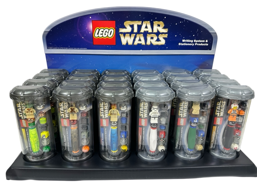 New LEGO Star Wars Collectible Pens With Store Display Merchandiser Yoda, Tusken Raider, Obi-Wan Kenobi, Stormtrooper, Paploo And Luke Skywalker - 24 Total Pens