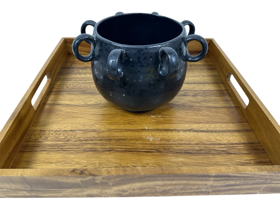 CB2 Loop Planter In Black And Crate & Barrel Acacia Wood Square Tray 16'W