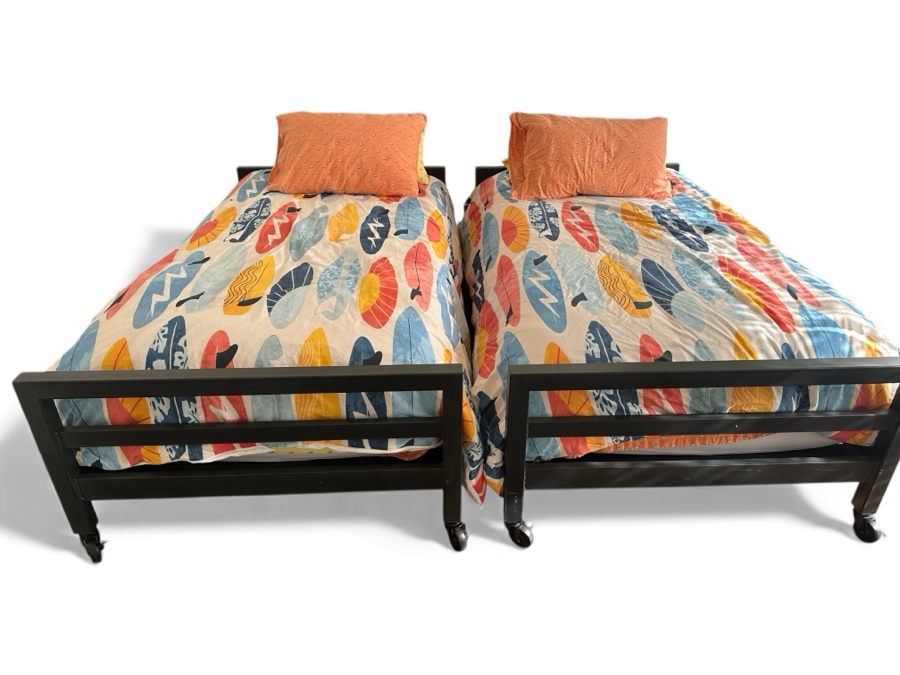 Pair of Restoration Hardware Baby & Child Twin Metal Beds on Casters with Surf Bedding