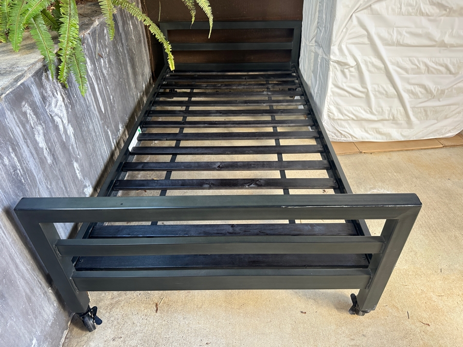 Pair of Restoration Hardware Baby & Child Twin Metal Beds on Casters with Surf Bedding [Photo 6]