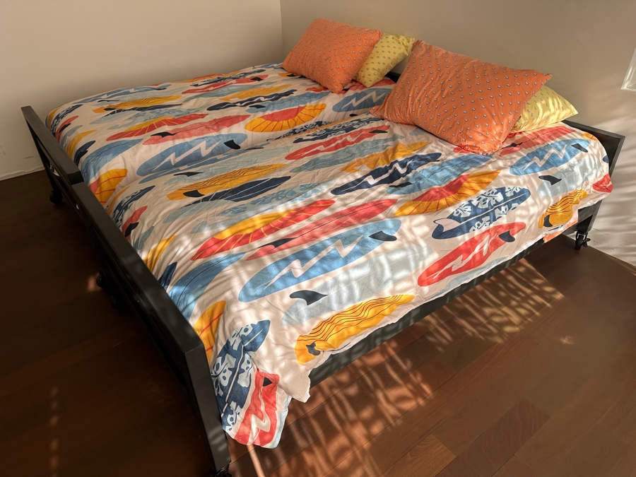 Pair of Restoration Hardware Baby & Child Twin Metal Beds on Casters with Surf Bedding [Photo 2]