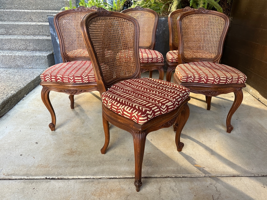 Set of (6) French Louis XV Style Cane Back Side Chairs with Cabriole Legs and Upholstered Seats  [Photo 7]