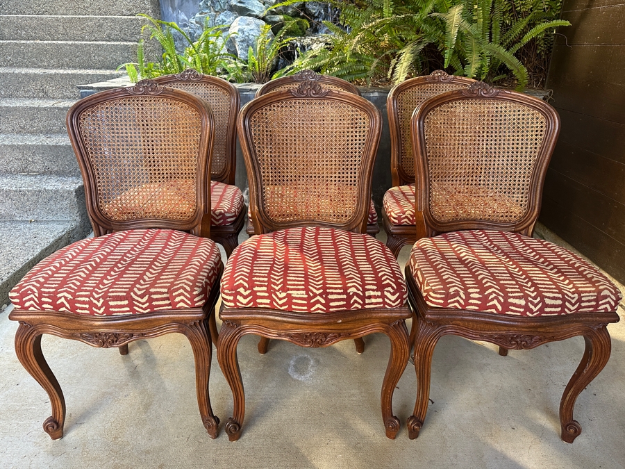Set of (6) French Louis XV Style Cane Back Side Chairs with Cabriole Legs and Upholstered Seats  [Photo 2]