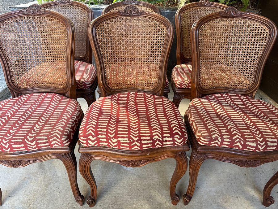 Set of (6) French Louis XV Style Cane Back Side Chairs with Cabriole Legs and Upholstered Seats  [Photo 3]