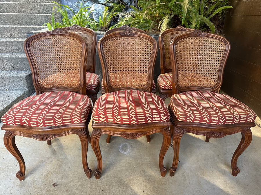 Set of (6) French Louis XV Style Cane Back Side Chairs with Cabriole Legs and Upholstered Seats 