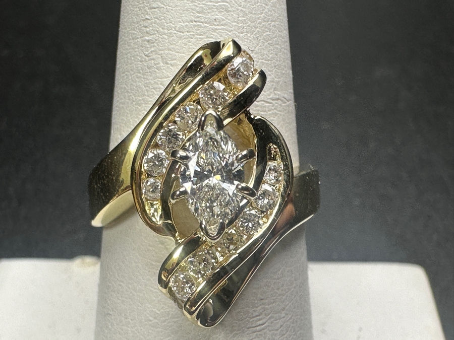 14K Gold and Diamond Ring with 1/2 Ct Marquee Diamond G-H, SI2 and (14) 1.5-2mm Round Brilliant Diamonds 5.6g Size 8 Retails $3,600 [Photo 2]
