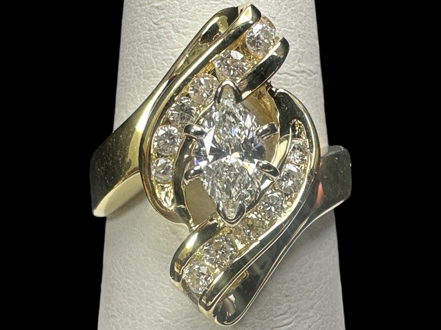 14K Gold and Diamond Ring with 1/2 Ct Marquee Diamond G-H, SI2 and (14) 1.5-2mm Round Brilliant Diamonds 5.6g Size 8 Retails $3,600