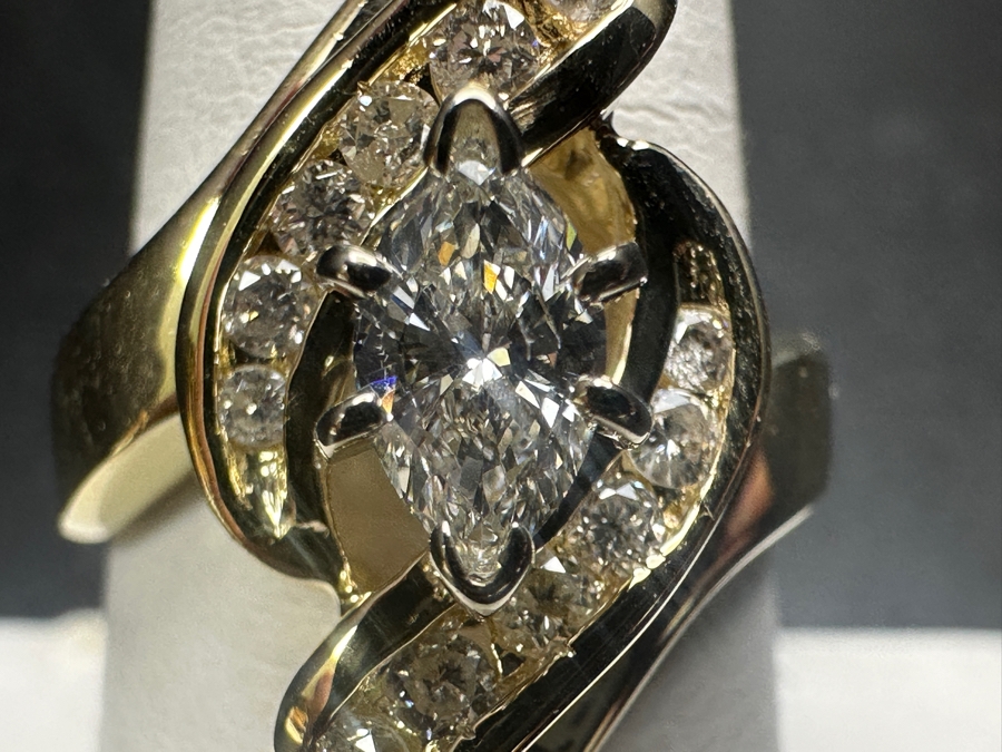 14K Gold and Diamond Ring with 1/2 Ct Marquee Diamond G-H, SI2 and (14) 1.5-2mm Round Brilliant Diamonds 5.6g Size 8 Retails $3,600 [Photo 4]