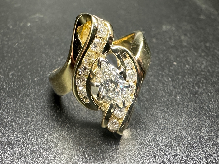 14K Gold and Diamond Ring with 1/2 Ct Marquee Diamond G-H, SI2 and (14) 1.5-2mm Round Brilliant Diamonds 5.6g Size 8 Retails $3,600 [Photo 9]