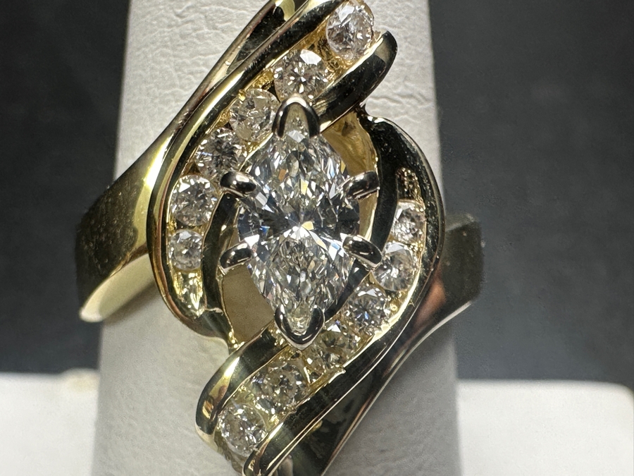 14K Gold and Diamond Ring with 1/2 Ct Marquee Diamond G-H, SI2 and (14) 1.5-2mm Round Brilliant Diamonds 5.6g Size 8 Retails $3,600 [Photo 3]