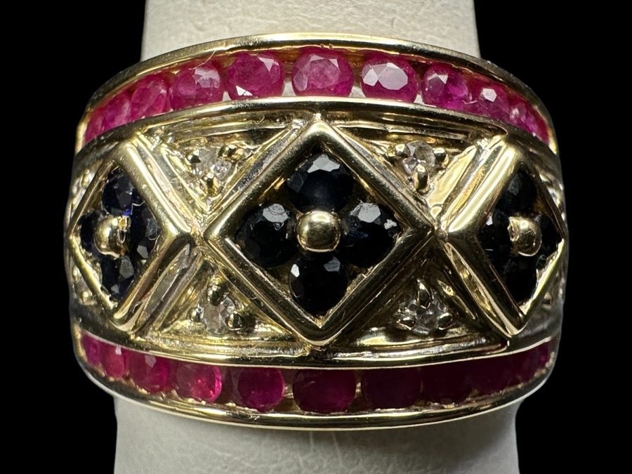 14K Gold Ring with (22) 2.0mm Rubies, (12) 1.5mm Sapphires and 8 Diamonds 7.3g Size 7.75 Retails $3,000