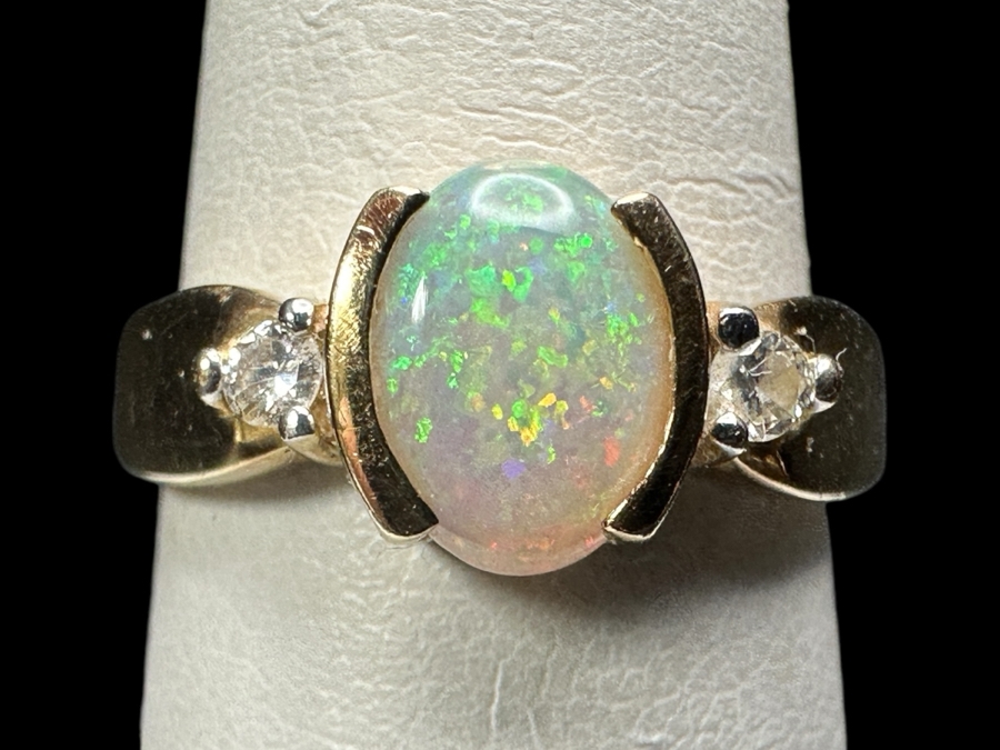 14K Gold Ring with 8x6mm Opal and (2) 2mm Natural Diamonds 3.8g Size 7.25 Retails $2,000