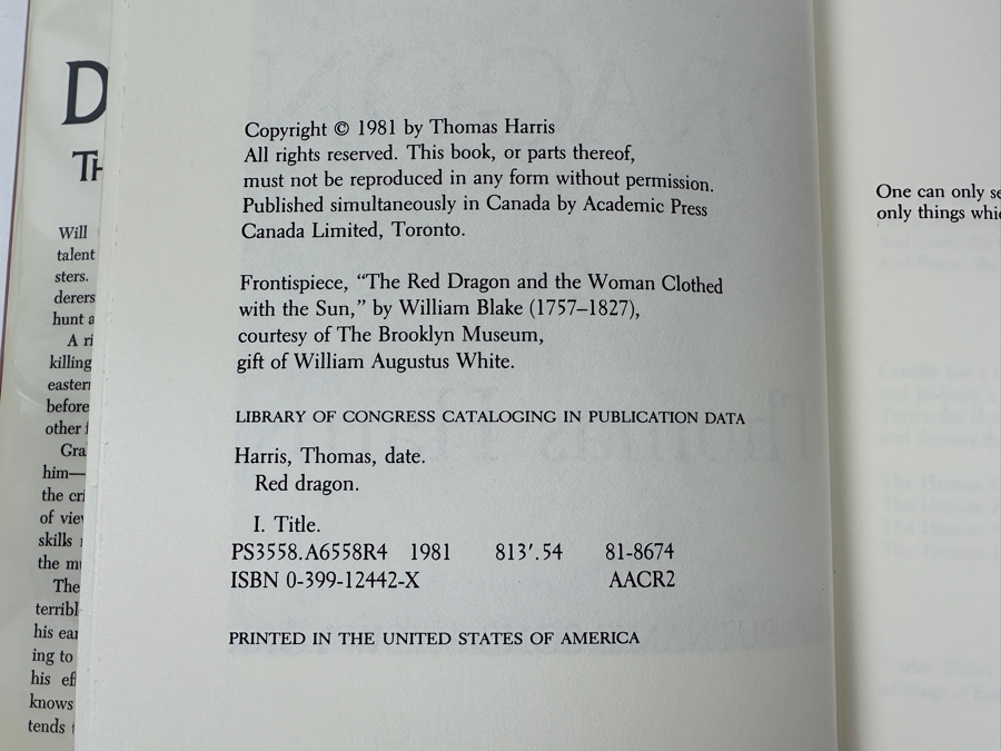 (3) First Edition Hardcover Books By Thomas Harris: The Silence Of The Lambs, Hannibal & Red Dragon Estimate $1,100-$1,900 [Photo 20]