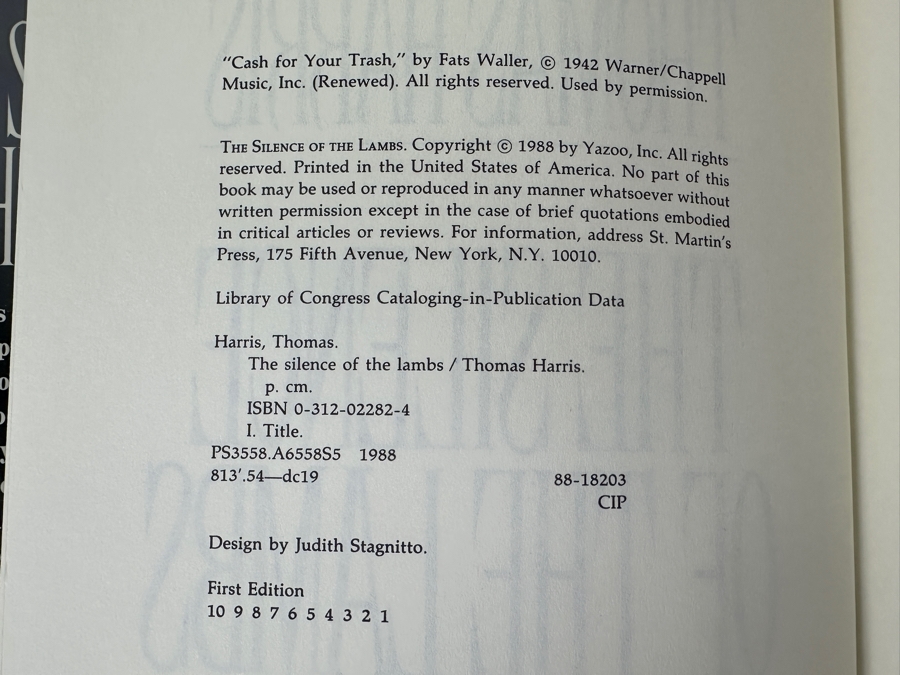 (3) First Edition Hardcover Books By Thomas Harris: The Silence Of The Lambs, Hannibal & Red Dragon Estimate $1,100-$1,900 [Photo 8]