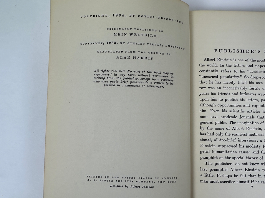 1934 First American Edition Hardcover Book The World As I See It By Albert Einstein Published By Covici Friede Publishers [Photo 6]