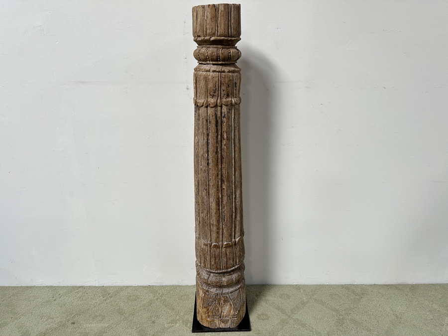 Vintage Hand Carved Architectural Wooden Column With Metal Base 61'H [Photo 5]