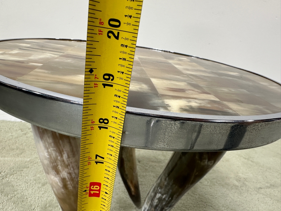 Tri-legged Horn Side Table with Tiled Horn Mosaic Top and Metal Trim 15.5'W x 18.5'H [Photo 11]