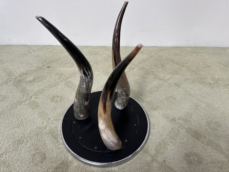 Tri-legged Horn Side Table with Tiled Horn Mosaic Top and Metal Trim 15.5'W x 18.5'H [Photo 9]