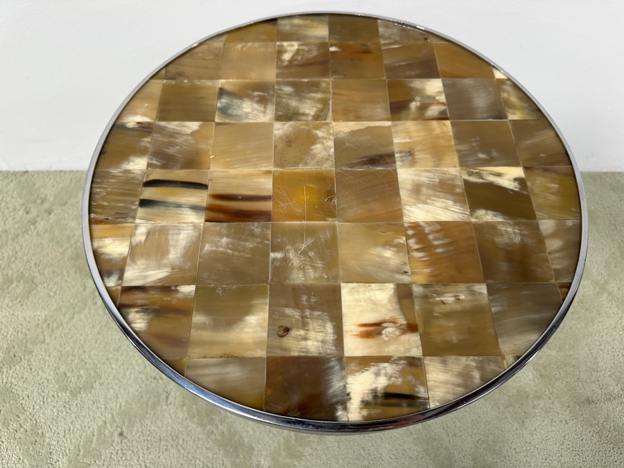 Tri-legged Horn Side Table with Tiled Horn Mosaic Top and Metal Trim 15.5'W x 18.5'H [Photo 6]