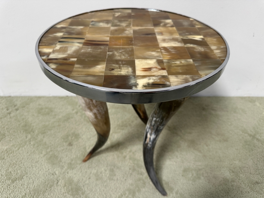 Tri-legged Horn Side Table with Tiled Horn Mosaic Top and Metal Trim 15.5'W x 18.5'H [Photo 4]