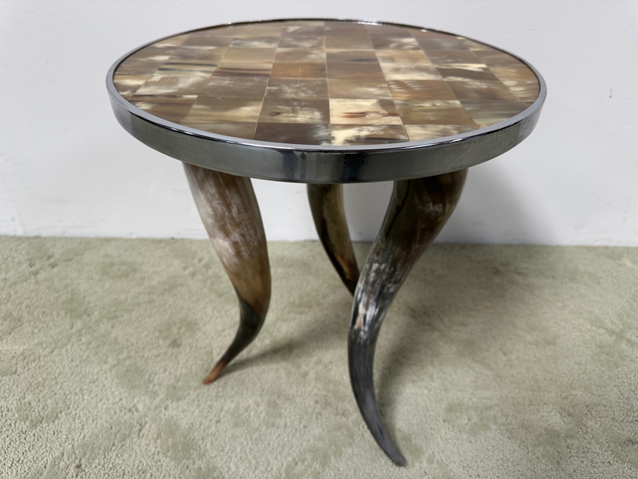 Tri-legged Horn Side Table with Tiled Horn Mosaic Top and Metal Trim 15.5'W x 18.5'H [Photo 5]