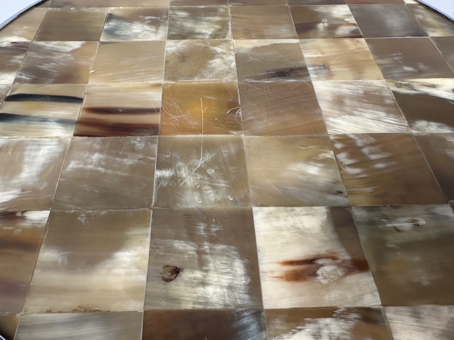 Tri-legged Horn Side Table with Tiled Horn Mosaic Top and Metal Trim 15.5'W x 18.5'H [Photo 7]