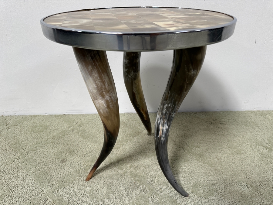 Tri-legged Horn Side Table with Tiled Horn Mosaic Top and Metal Trim 15.5'W x 18.5'H [Photo 3]
