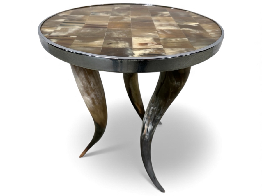 Tri-legged Horn Side Table with Tiled Horn Mosaic Top and Metal Trim 15.5'W x 18.5'H