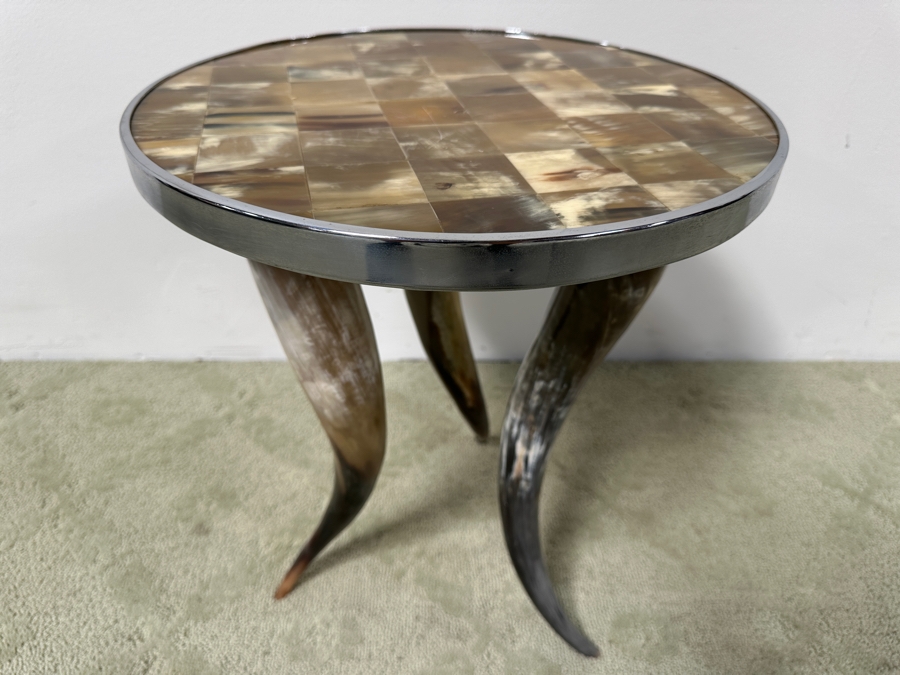Tri-legged Horn Side Table with Tiled Horn Mosaic Top and Metal Trim 15.5'W x 18.5'H [Photo 2]