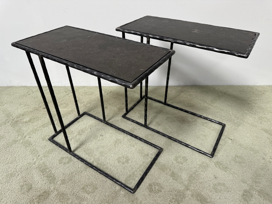 Pair of Arlo Accent Tables with C Shaped Base Stone Top and Hammered Metal Frame Retail $479 Each 24'W x 12'D x23'H [Photo 4]