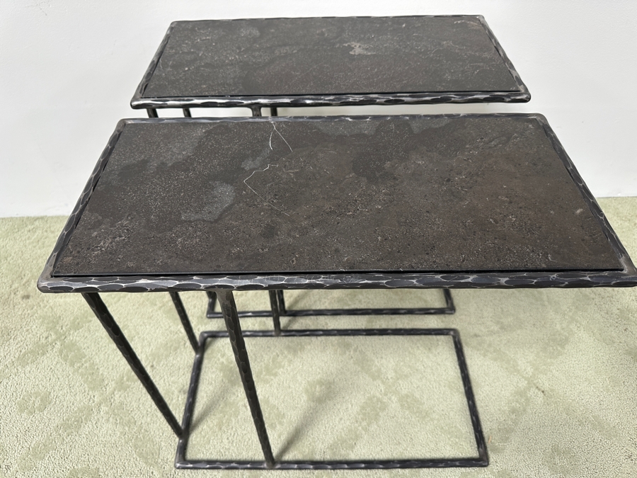 Pair of Arlo Accent Tables with C Shaped Base Stone Top and Hammered Metal Frame Retail $479 Each 24'W x 12'D x23'H [Photo 5]