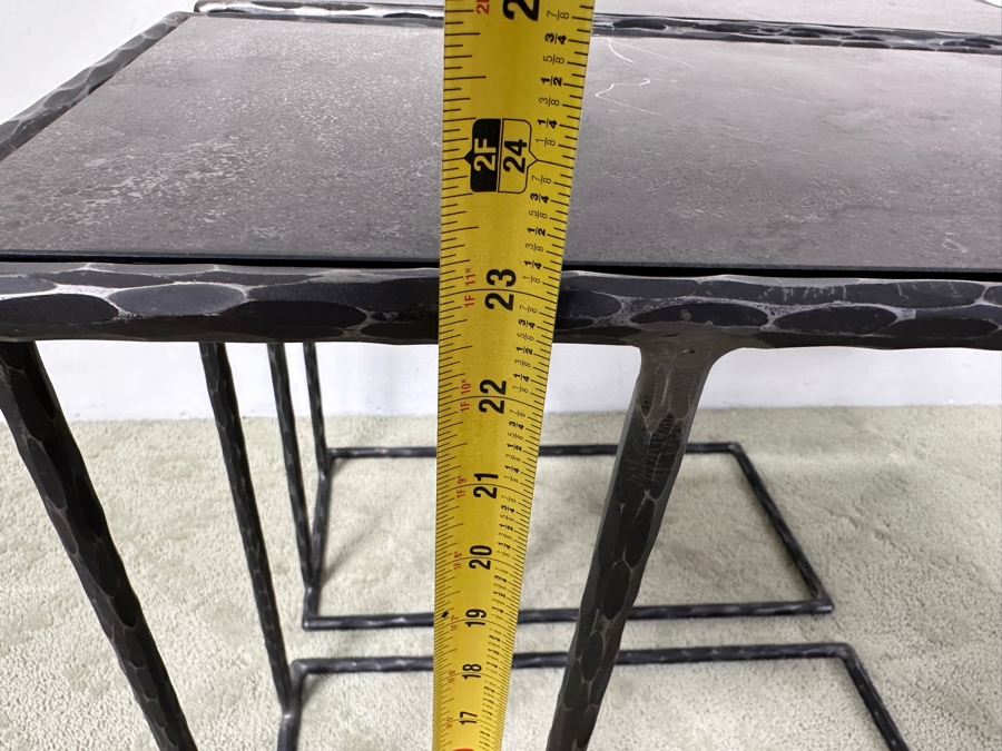 Pair of Arlo Accent Tables with C Shaped Base Stone Top and Hammered Metal Frame Retail $479 Each 24'W x 12'D x23'H [Photo 9]