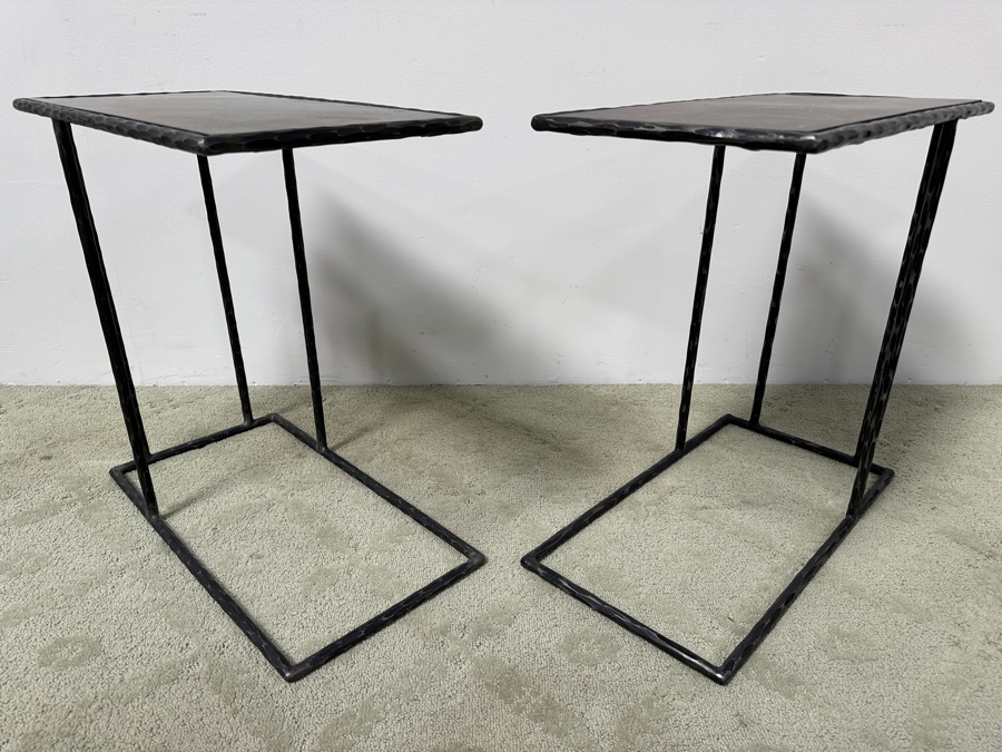 Pair of Arlo Accent Tables with C Shaped Base Stone Top and Hammered Metal Frame Retail $479 Each 24'W x 12'D x23'H [Photo 3]