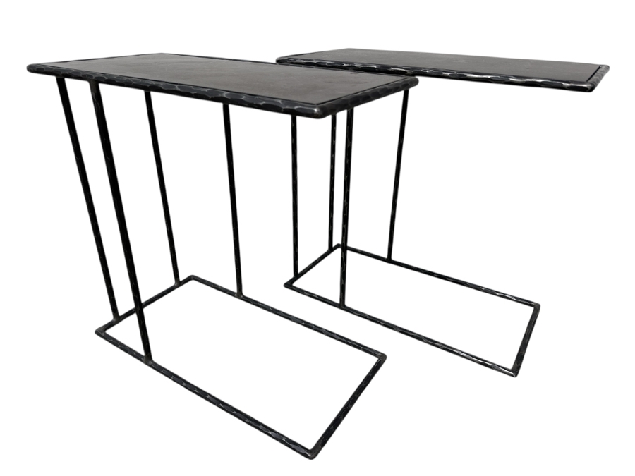 Pair of Arlo Accent Tables with C Shaped Base Stone Top and Hammered Metal Frame Retail $479 Each 24'W x 12'D x23'H [Photo 2]