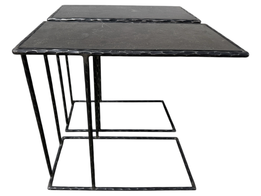 Pair of Arlo Accent Tables with C Shaped Base Stone Top and Hammered Metal Frame Retail $479 Each 24'W x 12'D x23'H