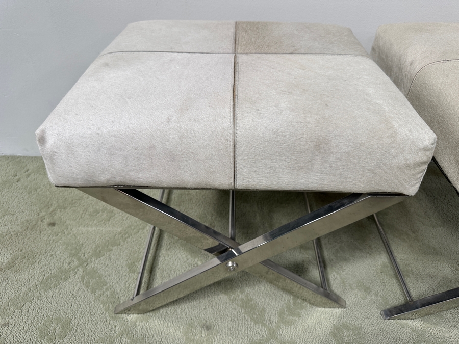 Pair Of DecMode Leather Geometric Stools with Metal Base and Light Gray Hair on Hide Leather 18.5'W x 20'D x 19'H [Photo 4]