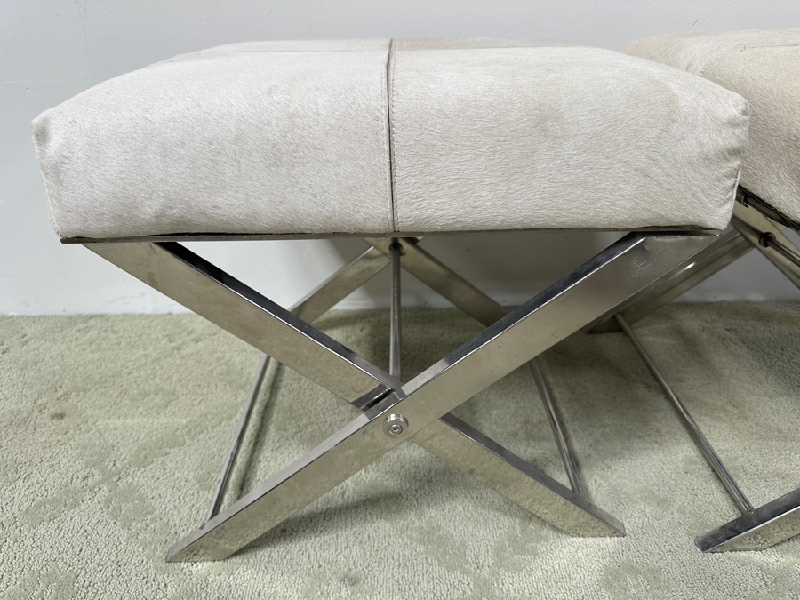 Pair Of DecMode Leather Geometric Stools with Metal Base and Light Gray Hair on Hide Leather 18.5'W x 20'D x 19'H [Photo 5]
