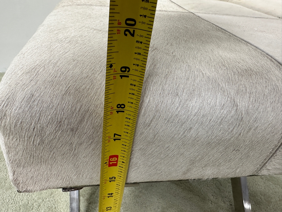 Pair Of DecMode Leather Geometric Stools with Metal Base and Light Gray Hair on Hide Leather 18.5'W x 20'D x 19'H [Photo 9]