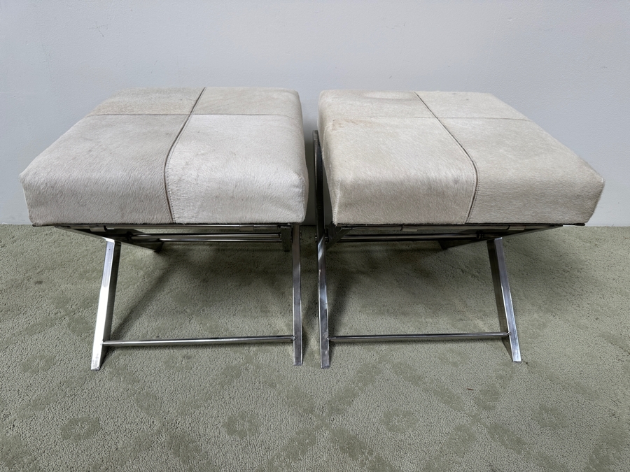 Pair Of DecMode Leather Geometric Stools with Metal Base and Light Gray Hair on Hide Leather 18.5'W x 20'D x 19'H [Photo 6]