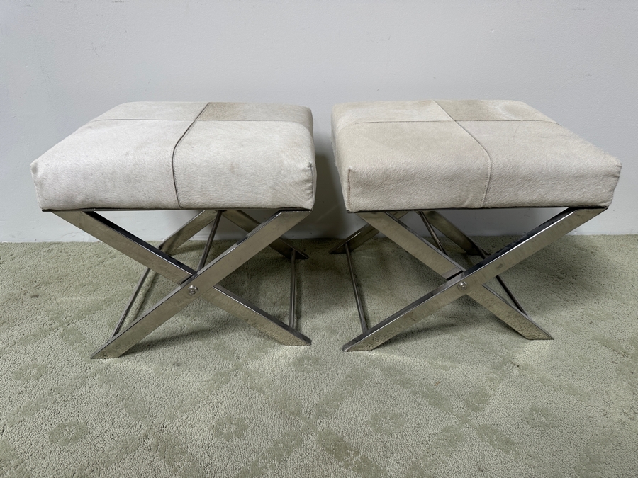 Pair Of DecMode Leather Geometric Stools with Metal Base and Light Gray Hair on Hide Leather 18.5'W x 20'D x 19'H [Photo 2]