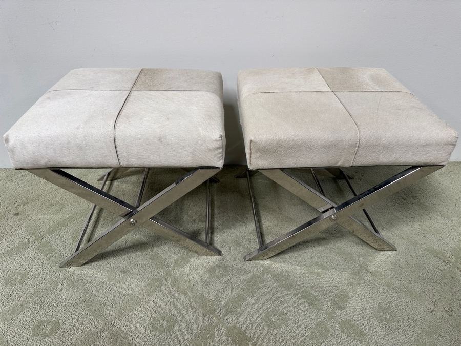 Pair Of DecMode Leather Geometric Stools with Metal Base and Light Gray Hair on Hide Leather 18.5'W x 20'D x 19'H [Photo 3]