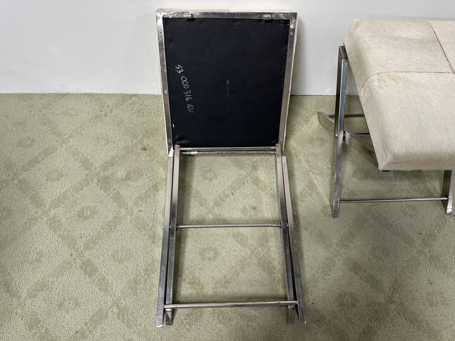 Pair Of DecMode Leather Geometric Stools with Metal Base and Light Gray Hair on Hide Leather 18.5'W x 20'D x 19'H [Photo 10]