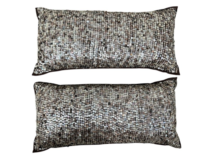 Pair of Beaded Mother of Pearl Shell Pillows 22' x 11'