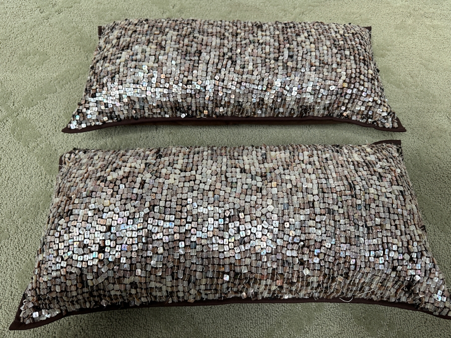 Pair of Beaded Mother of Pearl Shell Pillows 22' x 11' [Photo 2]