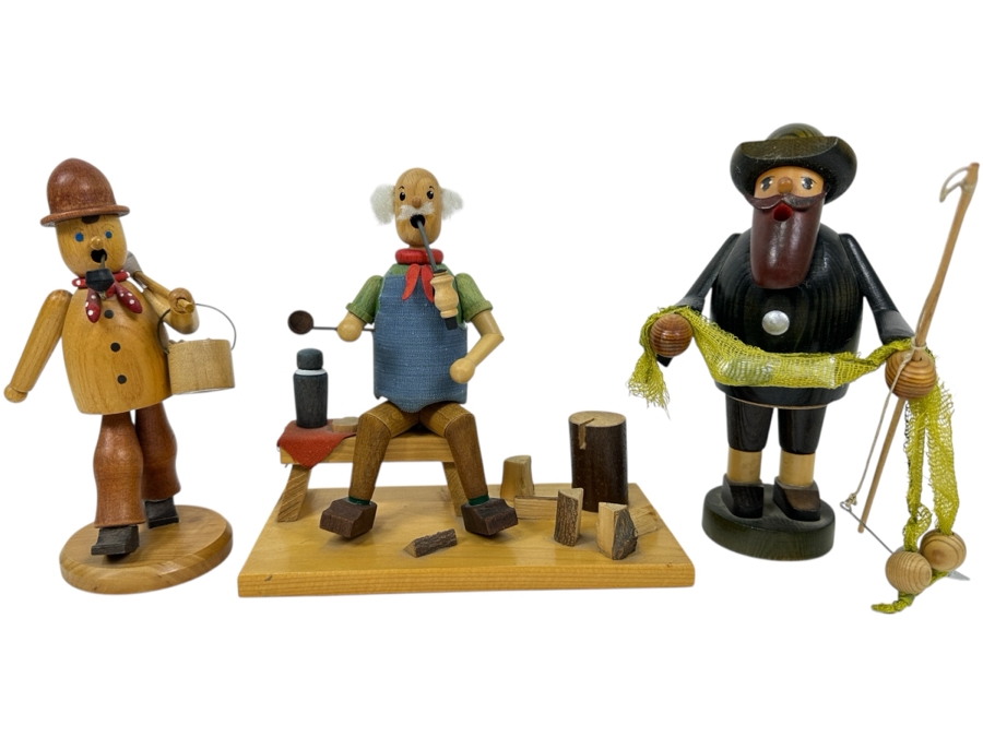 (3) Vintage German Folk Art Rauchermann Wooden Incense Smokers - Erzgebirge Region Of Germany - Holds Small Incense Cone - Smoke Curls Out Of Mouth 6.5'H To 7.5'H