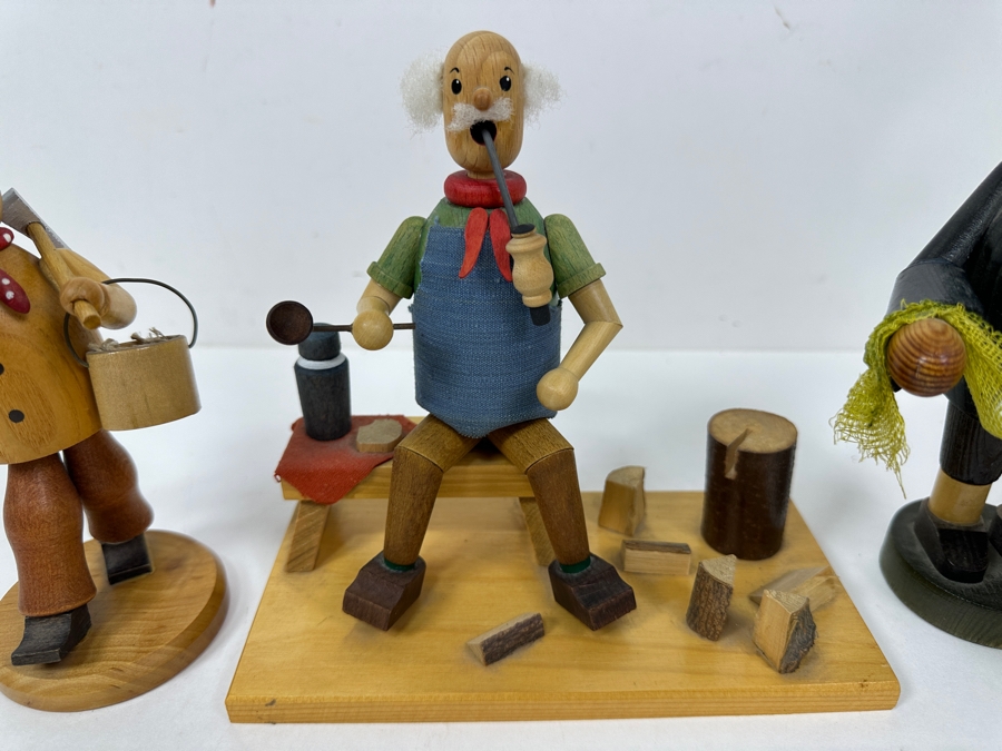 (3) Vintage German Folk Art Rauchermann Wooden Incense Smokers - Erzgebirge Region Of Germany - Holds Small Incense Cone - Smoke Curls Out Of Mouth 6.5'H To 7.5'H [Photo 2]