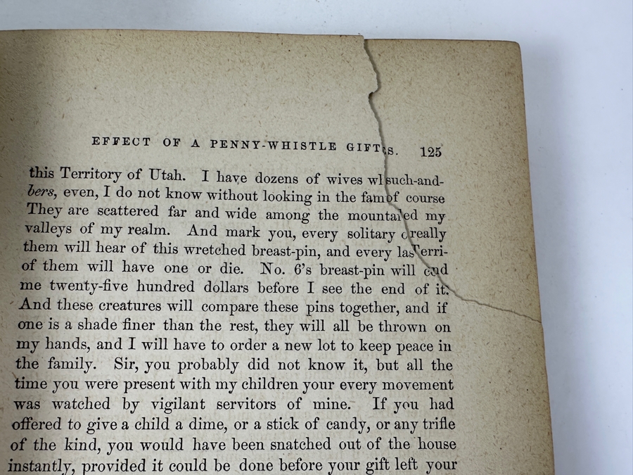 Antique 1872 Hardcover First Edition Book Roughing It By Mark Twain (Samuel L. Clemens) Featuring Twain's Humorous Travelogue Of His Journey To The Wild West & Hawaii Published By American Publishing Company - Damaged Spine - Estimate $1,000-$2,500 [Photo 21]