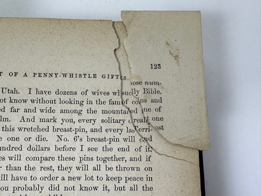 Antique 1872 Hardcover First Edition Book Roughing It By Mark Twain (Samuel L. Clemens) Featuring Twain's Humorous Travelogue Of His Journey To The Wild West & Hawaii Published By American Publishing Company - Damaged Spine - Estimate $1,000-$2,500 [Photo 22]