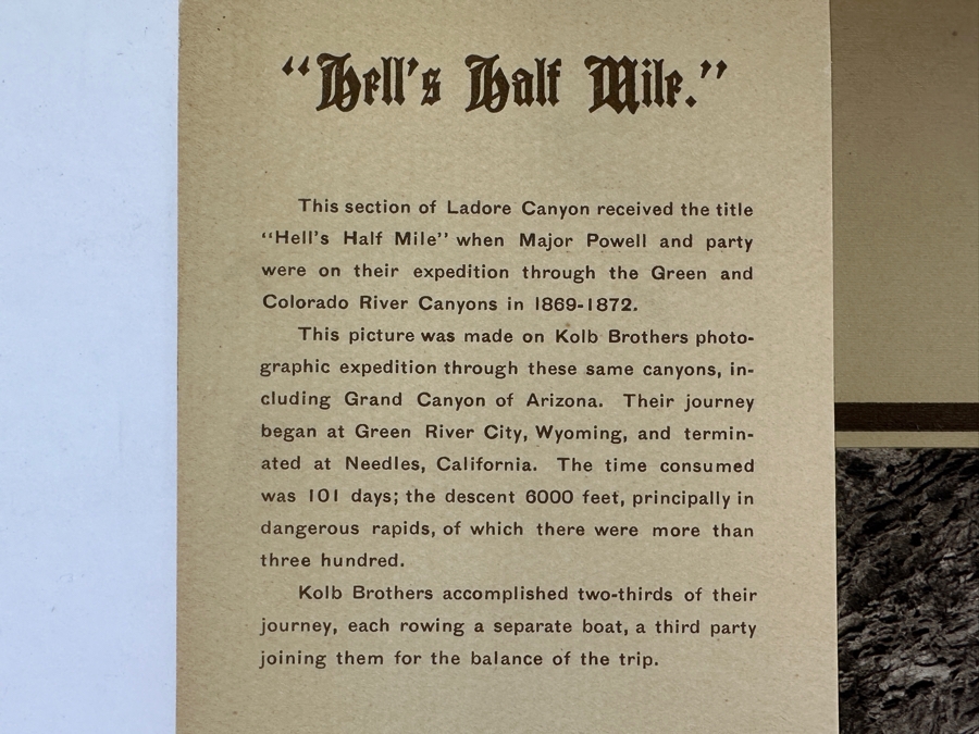 Just Added - Vintage Kolb Brothers Photogravure Print Dated 1912 Titled 'Hell's Half Mile' When Major Powell And Party Were On Their Expedition Through The Green And Colorado River Canyons In 1869-1872 10' X 8' [Photo 8]