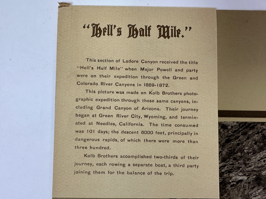 Just Added - Vintage Kolb Brothers Photogravure Print Dated 1912 Titled 'Hell's Half Mile' When Major Powell And Party Were On Their Expedition Through The Green And Colorado River Canyons In 1869-1872 10' X 8' [Photo 10]